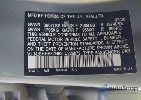 2020 Honda Civic Ex из США, поврежденный, VIN SHHFK7H62LU226079